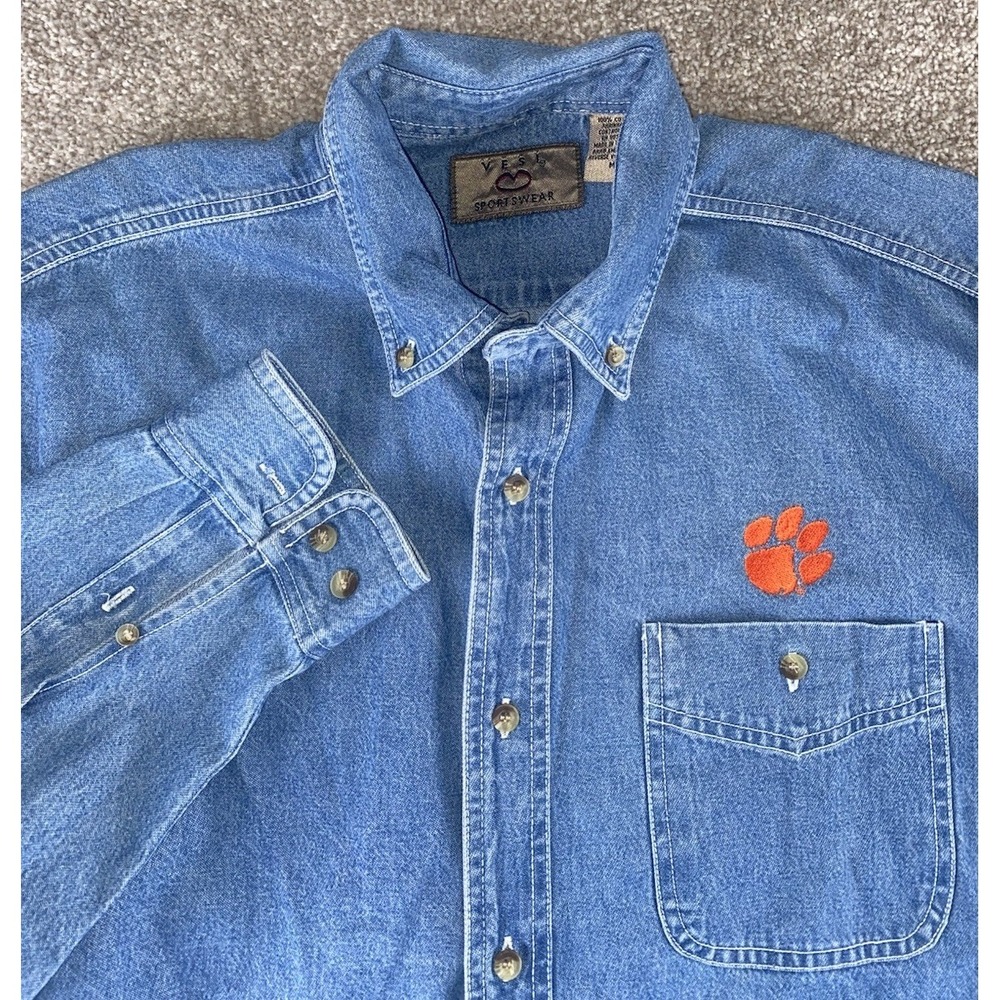 Vesi Sportswear Clemson Tigers Blue Denim Button Down Chore Men M (relaxed) NCAA